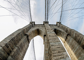 Image showing Fisheye view of Brooklyn Bridge Pylon in New York City