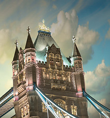 Image showing Lights and Colors of Tower Bridge at sunset with Clouds - London