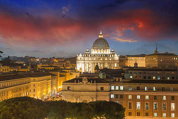 Image showing Buildings of Rome with Vatican St Peter Dome in background - sun