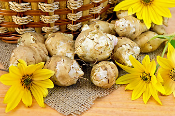 Image showing Jerusalem artichokes with yellow flowers and a basket