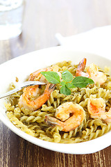 Image showing Fusilli with prawn in pesto sauce