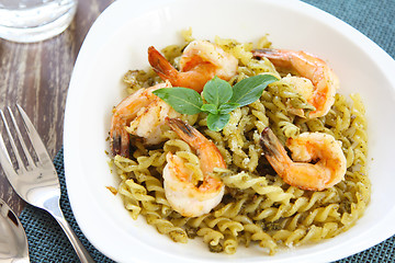 Image showing Fusilli with prawn in pesto sauce