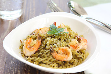 Image showing Fusilli with prawn in pesto sauce