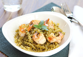 Image showing Fusilli with prawn in pesto sauce