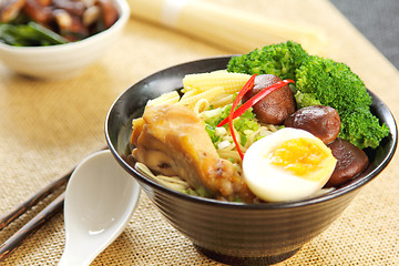 Image showing Noodle soup with mushroom and chicken