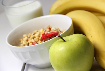 Image showing Healthy breakfast: muesli and fruits 