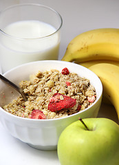 Image showing Healthy breakfast: muesli and fruits 