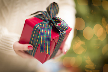 Image showing Woman Wearing Seasonal Red Mittens Holding Christmas Gift