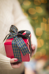 Image showing Woman Wearing Seasonal Red Mittens Holding Christmas Gift