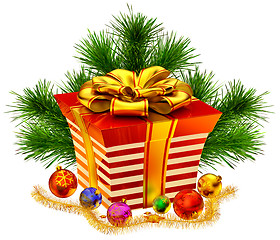 Image showing Christmas tree toys and gift with golden bow