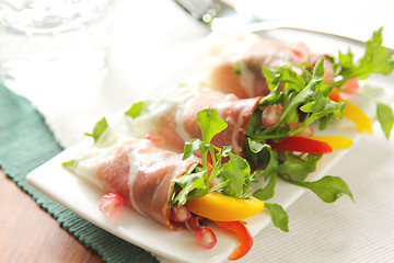 Image showing Smoked ham with vegetables and pomegranate