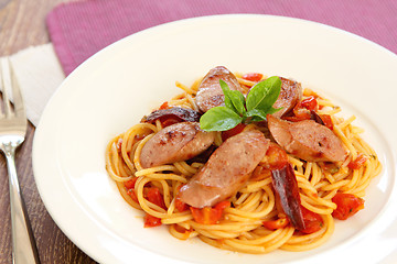 Image showing Spaghetti with sausage and tomato