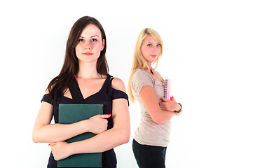 Image showing Two beautiful student girls getting ready for school