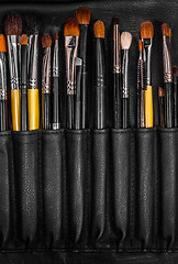 Image showing Closeup of makeup brushes in dark leather