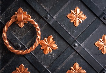 Image showing Golden metal lattice on steel background