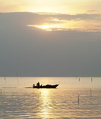 Image showing Fishing boat at sunset