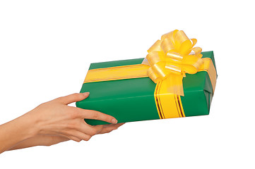 Image showing green box with yellow ribbon as a gift