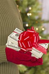 Image showing Woman Wearing Mittens Holding Stacks of Money with Red Ribbon