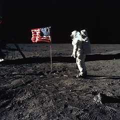 Image showing Buzz Aldrin and the U.S. flag on the Moon July 20 1969