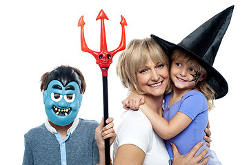 Image showing Mom with son and daughter. Halloween dress up.