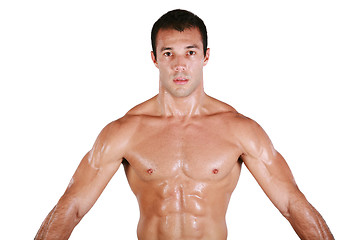 Image showing Muscular shirtless man after work out, looking at camera