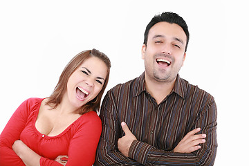 Image showing Portrait of an excited young couple on white background