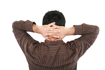 Image showing View of back businessman with his hand on the head 