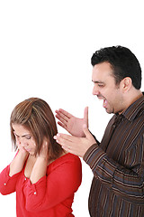 Image showing Portrait of a young woman gets earful from an annoyed man agains