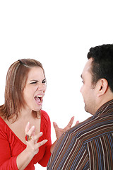 Image showing Young couple in conflict shouting isolated on white background. 