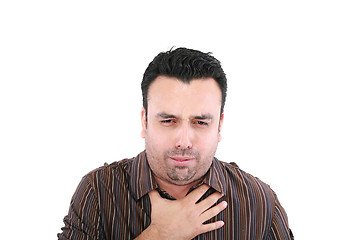 Image showing young ill man coughing isolated over white background