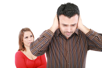 Image showing Young man and woman angry and conflicting. Focus on woman