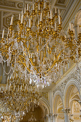 Image showing A beautiful crystal chandelier in the imperial palace. St. Petersburg. Russia