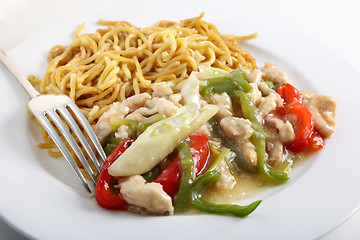 Image showing Chicken noodles and fork
