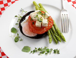 Image showing Mushroom, egg, tomato and asparagus