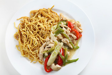 Image showing Shredded chicken noodles high angle