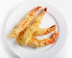 Image showing Tempura prawns from above