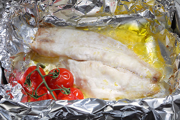 Image showing Baking fish and tomatoes