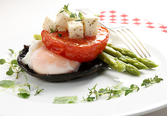 Image showing Mushroom, egg, tomato and asparagus