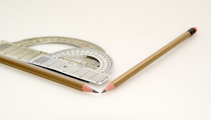 Image showing Protractor and two pencils