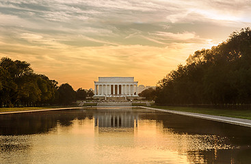 Image showing Setting sun on Jefferson memorial reflecting