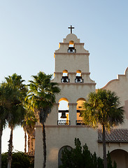 Image showing Spanish mission style church tower sunset