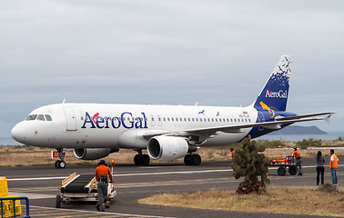 Image showing AeroGal airbus arrives in Baltra airport Galapagos