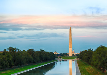 Image showing Setting sun on Washington monument reflecting