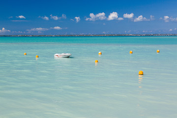 Image showing Speedboat in calm sea off Grand Case St Martin