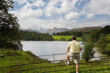 Image showing Hiker overlooks Loughrigg Tarn in Lake District
