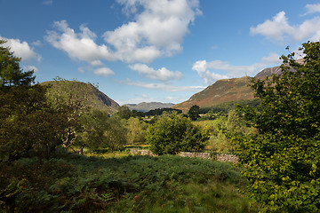 Image showing View over Buttermere village to distant hills