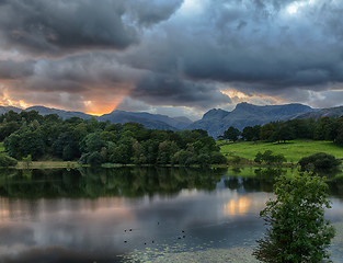 Image showing Sunset at Loughrigg Tarn in Lake District