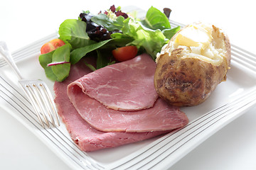 Image showing Corned beef with salad and potato