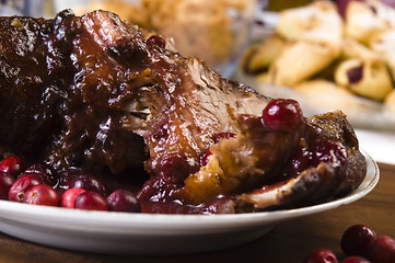 Image showing Delicious Scrambled Grilled meat with cranberry sauce 