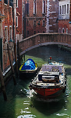 Image showing Motorboat on a Small Venetian Canal